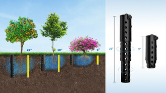 Root Quencher saves 50% water (versus sprinkler based watering) and integrates with existing irrigation systems, or can perform as a standalone device to water plants and trees. It is fully adjustable in consideration of root depth and soil conditions while the flow controls facilitate directional water flow. Made in the USA with high quality recycled ABS material, Root Quencher waters and fertilizes directly at the roots.